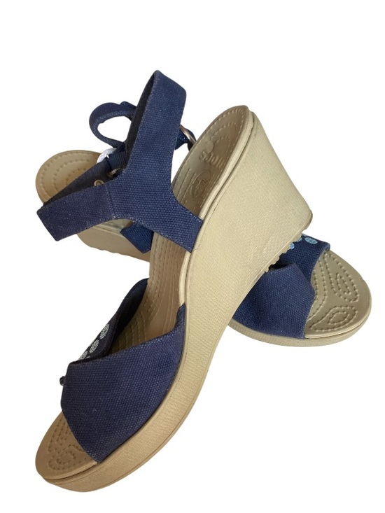 CROCS Shoes - CROCS Navy and Tan Wedge Sandals Distressing Canvas Straps Size 9W